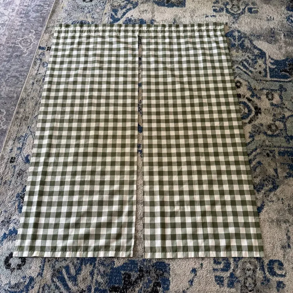 Green Gingham Check Curtains Set of 2 and Valance Polyester Cotton Cottage Core